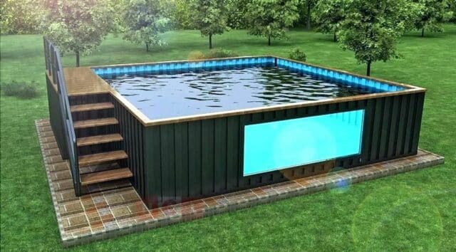 Piscine container fenetre de verre dans jardin